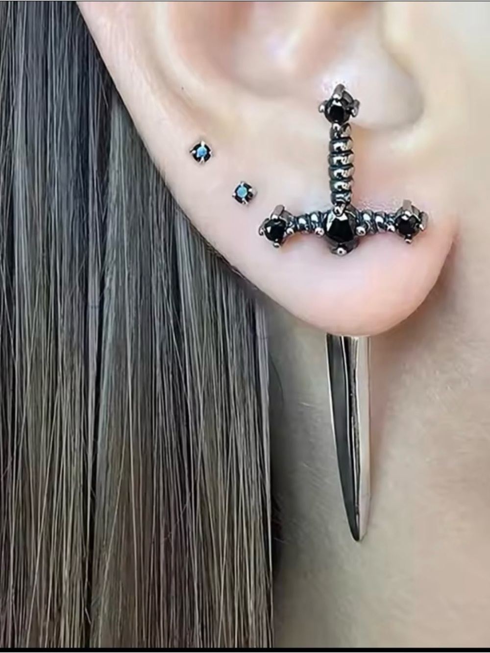 Black Gothic Cross and Spike Stud Earrings - Women